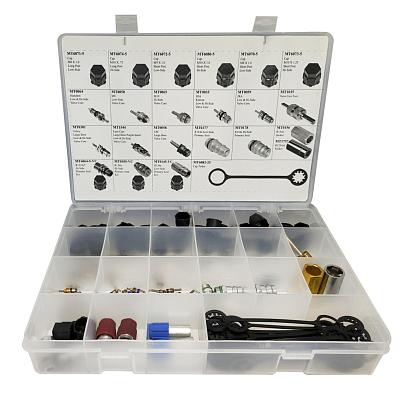 Набор золотников, колпачков, штуцеров, съемников для обслуживания системы кондиционирования с фреоном R134A, 1234yf